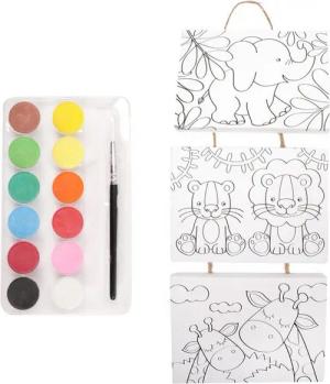 Toi-Toys Malblock Wildtiere Malset für Kinder mit 3 Leinwänden, 12 Farben und Pinsel