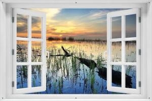 Wallario Sichtschutzzaunmatten Schilf am Abend - Sonnenuntergang über der Seelandschaft, mit Fenster-Illusion