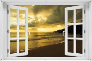 Wallario Sichtschutzzaunmatten Badestrand auf den Malediven - Stille am Abend, mit Fenster-Illusion