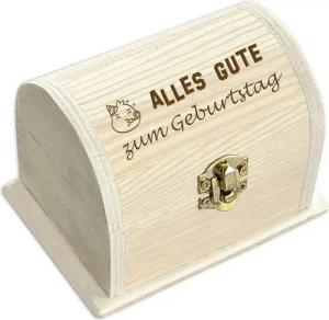 Geburtstagsfee Geschenkbox Personalisierte kleine Schatztruhe, graviert, für Geld- & Gutscheine, Holzkiste mit Scharnier & Metallschloss, 10,5x6,5x7cm