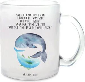 Mr. & Mrs. Panda Teeglas Walfisch Thunfisch - Transparent - Geschenk, Spruch lustig, Wahl, Tee, Premium Glas, Satinierte Oberfläche