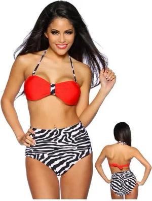 Bandeau-Bikini Vintage Retro Bandeau Bikini Set Rockabilly Bademode in Zebra-Motiv rot schwarz weiß