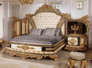 Casa Padrino Bett Schlafzimmer Set Gold / Weiß / Blau / Gold - 1 Doppelbett mit Kopfteil & 2 Nachtkommoden - Schlafzimmer Möbel im Barockstil - Edel & Prunkvoll