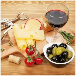 Wallario Möbelfolie Genuss am Abend - Rotwein, Käseplatte, Oliven und Tomaten