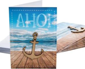 Logbuch-Verlag Klappkarte 10er Set Grußkarten AHOI mit Holzanker und Kuvert, mit Kuvert Hochzeitskarte Geburtstagskarte