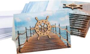 Logbuch-Verlag Klappkarte 10 Grußkarten mit Steuerrad aus Holz und Kuvert