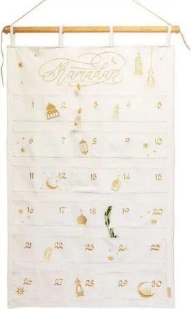 PAPIERDRACHEN Wandkalender Ramadankalender 2024 als Wandkalender aus Stoff zum Befüllen, beige & gold - hochwertig bestickt - wiederverwendbar