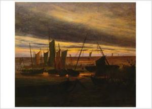 Postkarte Kunstkarte Caspar David Friedrich "Schiffe im Hafen am Abend