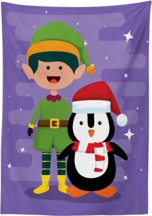 Abakuhaus Tischdecke dekorative waschbare Picknick-Tischdecke, Elf Elf und Penguin Frohe Weihnachten