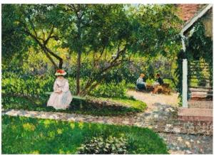 Postkarte Kunstkarte Camille Pissarro "Eine Ecke im Garten, Eragny, abends
