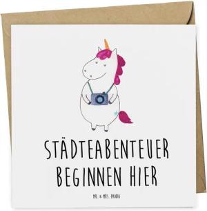 Mr. & Mrs. Panda Grußkarte Städtereise Abenteuerbeginn - Weiß - Geschenk, Entdeckung, Geldgesche