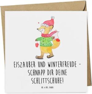 Mr. & Mrs. Panda Grußkarte Winter Schlittschuhlaufen - Weiß - Geschenk, Winterfreude, unvergessl