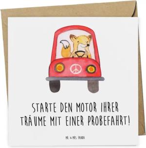 Mr. & Mrs. Panda Grußkarte Probefahrt im Traumauto - Weiß - Geschenk, Träume, Autofans, Geldgesc