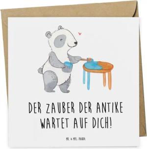 Mr. & Mrs. Panda Grußkarte Antiquitätenmarkt Besichtigung - Weiß - Geschenk, antike Schätze, Ges