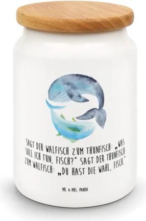 Mr. & Mrs. Panda Vorratsdose Walfisch Thunfisch - Weiß - Geschenk, Tiermotive, Tiere, Witz, Motten, Keramik, (1-tlg), Kreative Drucke