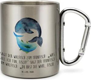 Mr. & Mrs. Panda Tasse Walfisch Thunfisch - Transparent - Geschenk, Karabiner, Edelstahlbech, Edelstahl, Isolierend