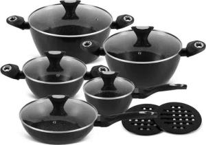 Edenberg Topf-Set Schwarze klassische Kochtöpfe Kasserolle Pfannen Glasdeckel Keramik, Aluminiumguss, Edelstahl, Keramik (3x Topf mit Glasdeckel, 1x Kasserolle mit Glasdeckel, 1x Pfanne mit Glasdeckel, 2x Untersetzer, 12-tlg., Zeitloses Design des Topfset
