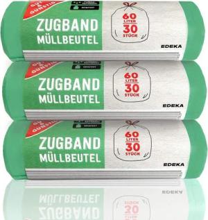 Gut & Günstig Müllbeutel Zugband Müllbeutel 60L (30 Stück) 3er Pack Reißfest Flüssigkeitsdicht