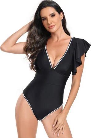 Refttenw Badeanzug Schlank V Ausschnitt Einteilige Bademode mit Cups Monokini mit Volant