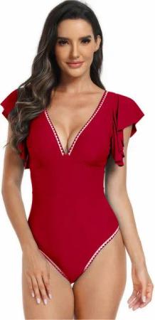 Refttenw Badeanzug Schlank V Ausschnitt Einteilige Bademode mit Cups Monokini mit Volant