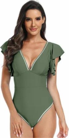 Refttenw Badeanzug Schlank V Ausschnitt Einteilige Bademode mit Cups Monokini mit Volant