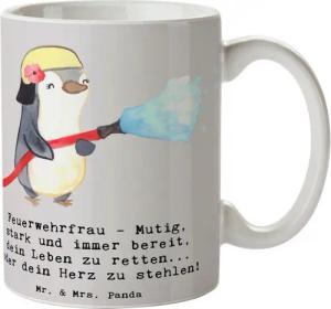 Mr. & Mrs. Panda Tasse Feuerwehrfrau Heldin - Grau Pastell - Geschenk, Herz stehlen, Anerken, Keramik, Brillante Bedruckung