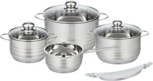 Elo Basic Topf-Set Brilliant, Edelstahl (Set, 8-tlg., je 1 Fleischtopf mit Deckel Ø 16/20/24 cm, 1 x Stielkasserolle Ø 16 cm), Induktion, inkl. Abgießhilfe