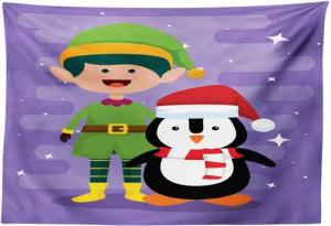 Abakuhaus Wandteppich aus Weiches Mikrofaser Stoff Für das Wohn und Schlafzimmer, rechteckig, Elf Elf und Penguin Frohe Weihnachten