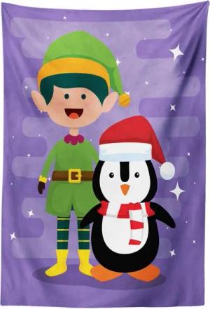 Abakuhaus Wandteppich Wohnzimmer Schlafzimmer Wandtuch Seidiges Satin Wandteppich, rechteckig, Elf Elf und Penguin Frohe Weihnachten