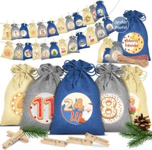 KESSER Adventskalender, Adventskalender zum Befüllen 24 Jutebeutel Stoffbezug gedruckt