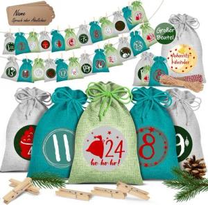 KESSER Adventskalender, Adventskalender zum Befüllen 24 Jutebeutel Stoffbezug gedruckt