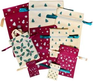 Online-Fuchs Geschenkpapier 30 Geschenkbeutel, Geschenktüten für Weihnachten aus Stoff gefertigt, beschriftbare Geschenkanhänger, von klein bis groß