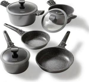 STONELINE Topf-Set, Aluminiumguss (Kochgeschirr-Set, 8-tlg., 3 Töpfe, 2 Pfannen, 3 Deckel, 4 abnehmbare Seitengriffe), mit echten Steinpartikeln, induktionsgeeignet, Designed in Germany
