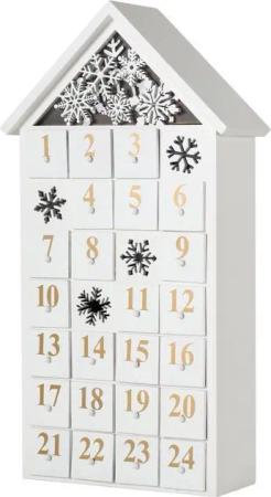 BRUBAKER befüllbarer Adventskalender Weihnachtskalender zum Befüllen mit LED-Beleuchtung - Wiederverwendbar, Holz Kalender - Schneehaus Weiß - 24,3 x 45 x 8 cm