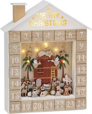 BRUBAKER befüllbarer Adventskalender Weihnachtskalender zum Befüllen - Bibelgeschichte mit LED Beleuchtung, Holz Kalender Weihnachten Krippe - 31,5 cm