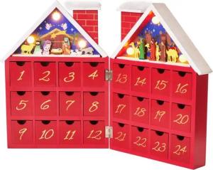 BRUBAKER befüllbarer Adventskalender Weihnachtskalender zum Befüllen - Kalender Weihnachten 21 x 9 x 30 cm (Wiederverwendbar, 1-tlg), Weihnachtshaus Krippenspiel Rot - LED-Beleuchtung