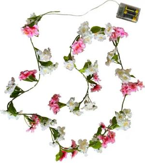 Kunstgirlande Blumengirlande mit LED-Lichterkette aus künstlichen Blüten - Weiß Rosa Kunstblumen, Online-Fuchs, 6-Stunden-Timerfunktion