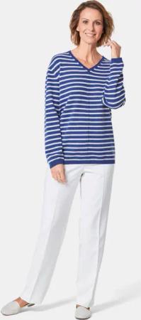 Kaschmirpullover mit V-Ausschnitt - marine / weiß / geringelt - Gr. 20 von Goldner Fashion