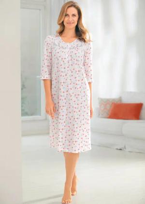 Nachthemd mit 3/4-Arm, Knopfleiste und floralem Dessin - weiß / koralle / gemustert - Gr. 22/23 von Goldner Fashion
