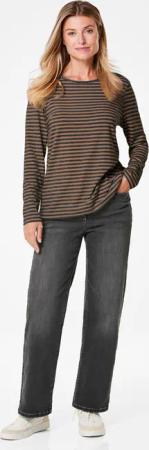 Ringelshirt mit U-Boot-Ausschnitt - schwarz / camel / geringelt - Gr. 22 von Goldner Fashion