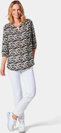 Druckbluse mit raffinierter Ausschnittlösung - schwarz / weiß / beige / gemustert - Gr. 52 von Goldner Fashion