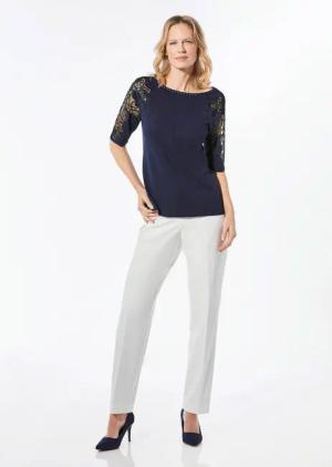 Pullover mit Spitzeneinsätzen und Glanzsteinchen - marine - Gr. 19 von Goldner Fashion