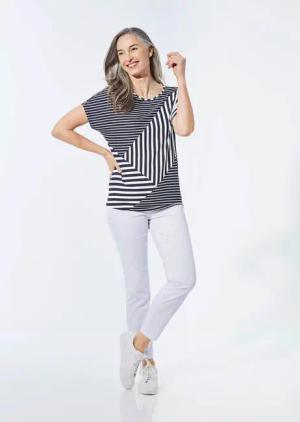 Shirt mit U-Boot-Ausschnitt - marine / weiß / gemustert - Gr. 24 von Goldner Fashion