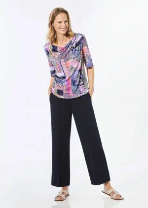 Shirt mit Wasserfallausschnitt - marine / gemustert - Gr. 48 von Goldner Fashion
