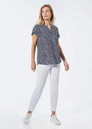 Bluse mit Tunika Ausschnitt - marine / weiß / gemustert - Gr. 44 von Goldner Fashion