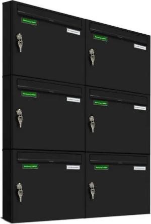 AL Briefkastensysteme Wandbriefkasten 6 Fach Basic Briefkasten A4 in RAL Farbe 9005 Tief Schwarz wetterfest
