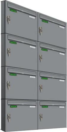 AL Briefkastensysteme Wandbriefkasten 8 Fach Basic Briefkasten A4 RAL Farbe 9006 Weiss Aluminium wetterfest