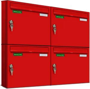 AL Briefkastensysteme Wandbriefkasten 4 Fach Basic Briefkasten A4 in RAL Farbe 3000 Feuer Rot wetterfest