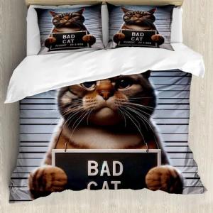 Abakuhaus Bettwäsche Top Qualität Weich und Warm 3 Teiligen Bettbezug mit 2 Kissenbezüge, Microfaser, Katze Lustiges böses Kätzchen Mugshot