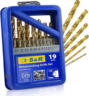 S&R Metallbohrer in Industrie-Qualität, HSS-G TITANIUM Stahlbohrer,extra hohe Standzeit, (Set, 19-tlg: 1,0-10 mm in Industrie-Qualität), DIN 338, 135° Spitzenwinkel, geschliffen, TiN Spiralbohrer Satz